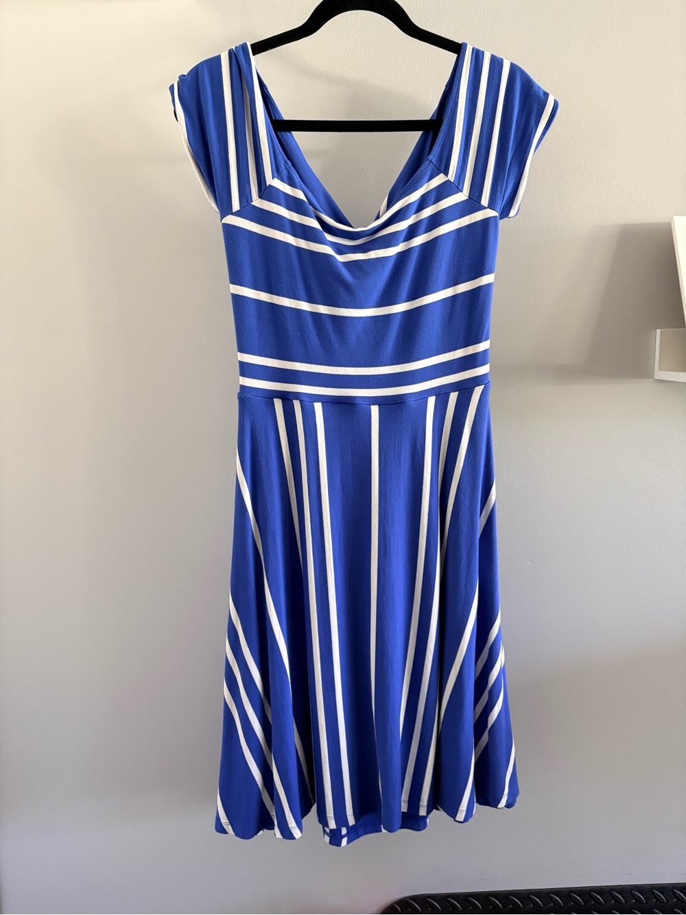 LOFT Blue and White Striped Midi Fit & Flare Dress